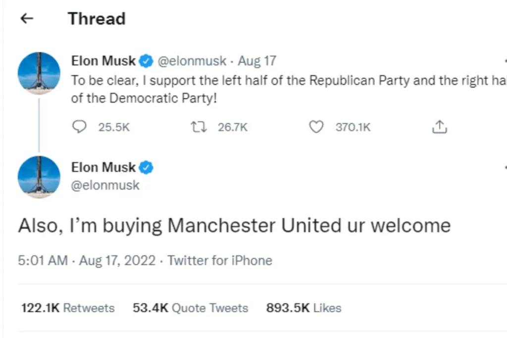 Tweet of elon musk buying manchester united